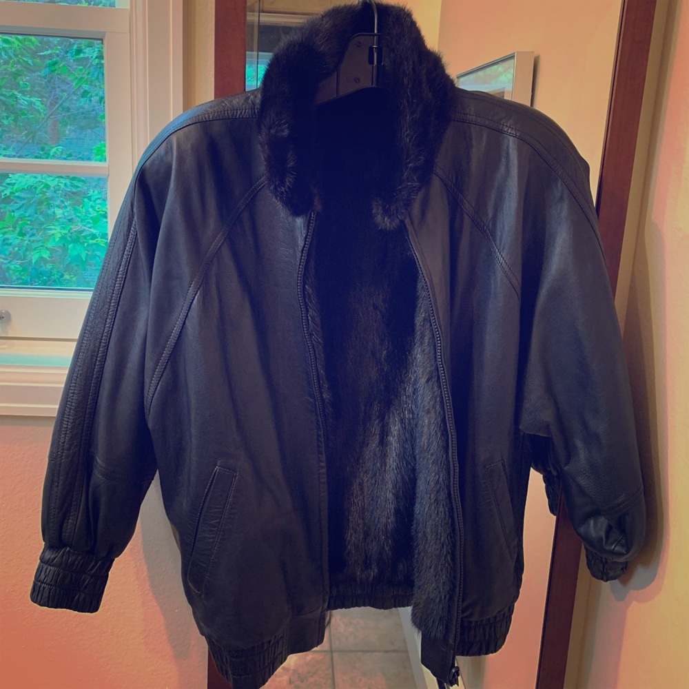 Black leather jacket, reversible to mink